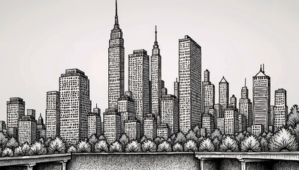Fototapeta premium Black and White Drawing of a Cityscape with Tall Buildings