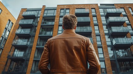 Man admiring a modern apartment building.