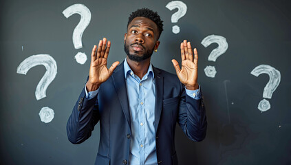 African American Man Standing in Front of Blackboard with Question Marks