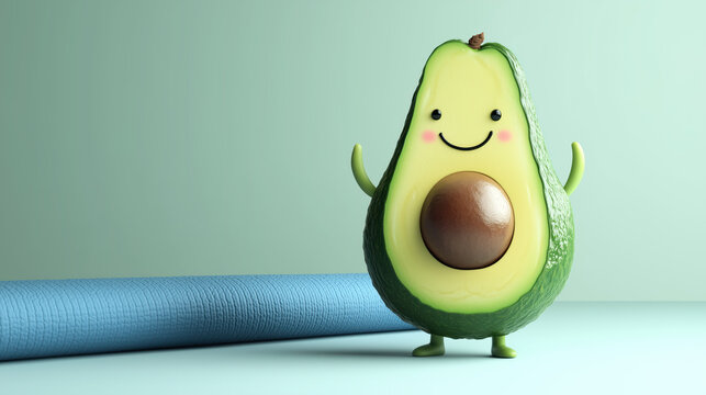 Cartoon avocado with a smile, concept of sports, fitness