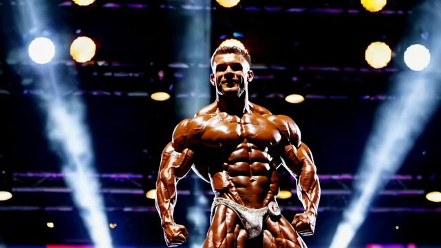 A professional bodybuilder confidently showcasing his physique under dramatic stage lighting