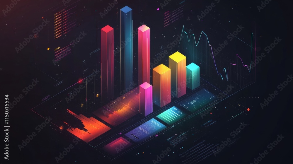 Poster colorful abstract data visualization with bar graphs and charts