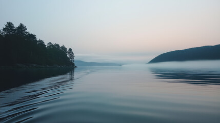 Misty lake at sunset
