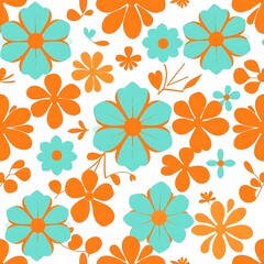 Fototapeta premium Floral Delight: A vibrant and cheerful seamless pattern featuring a captivating arrangement of orange and blue flowers.