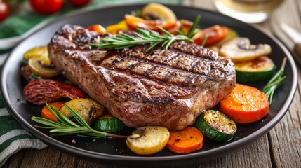 Grilled Steak with Colorful Vegetables on a Rustic Wooden Table