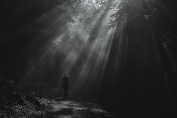 Obraz premium A person is walking in a forest at night