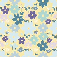 Floral Delight: A seamless pattern with blue, purple, and teal flowers on a yellow background.  A touch of whimsy and charm for any project. 