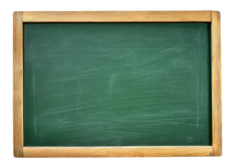 An empty green chalkboard with a wooden frame, isolated on transparent background. Perfect for educational design themes