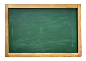 An empty green chalkboard with a wooden frame, isolated on transparent background. Perfect for educational design themes
