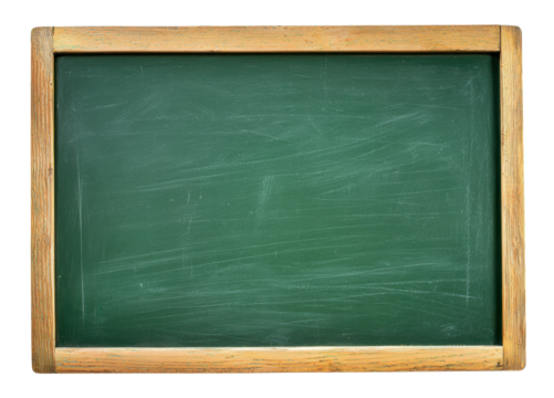 An empty green chalkboard with a wooden frame, isolated on transparent background. Perfect for educational design themes