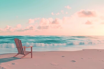 Beach scene with a lonely wooden chair