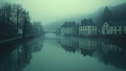 Fototapeta premium A misty canal scene with reflections of old buildings and trees in a serene atmosphere.