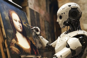 A humanoid robot paints a replica of the Mona Lisa in a dimly lit art studio.