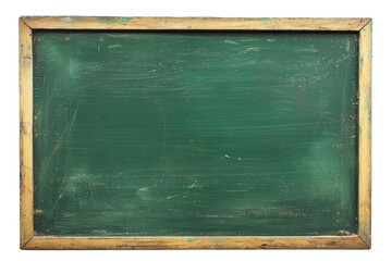 An empty green chalkboard with a wooden frame, isolated on transparent background. Perfect for educational design themes