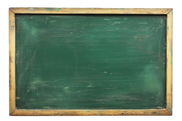 An empty green chalkboard with a wooden frame, isolated on transparent background. Perfect for educational design themes