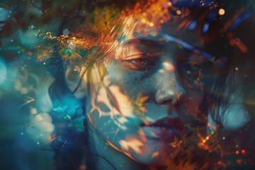 Obraz premium A woman's face is shown in a blurry, colorful, and abstract way