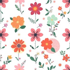 Vibrant Floral Pattern: A cheerful and colorful seamless pattern featuring a variety of stylized flowers in warm, summery hues. Perfect for textile design, wallpaper.
