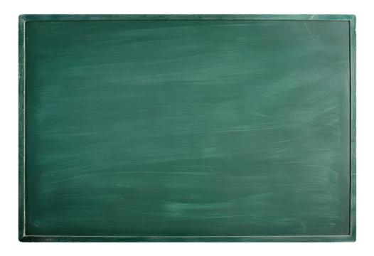 An empty green chalkboard with a wooden frame, isolated on transparent background. Perfect for educational design themes
