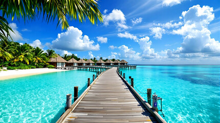 Obraz premium Scenic Tropical Resort with Wooden Pathway and Huts