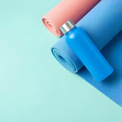 Rolled yoga mats in pastel pink and blue with a matching blue water bottle on a light mint green background.
