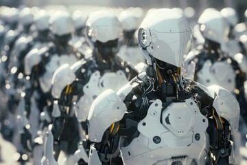 Fototapeta premium A row of robots are lined up in a factory