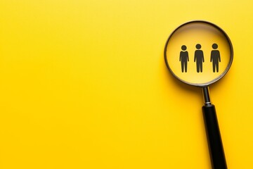 Human Resources Concept, Magnifier, And People Icon On yellow background, we are hiring background, job vacancy, now hiring, looking for an employee, searching an employee, job available 