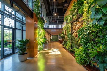 A large, open space with a green wall and plants