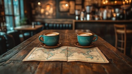 Two cups of cappuccino on a world map in a cafe.