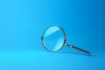 Magnifying glass on blue colour background with copy space. Searching information data concept 