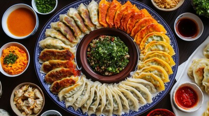 Colorful Array of Dumplings with Fresh Herbs and Sauces Displayed
