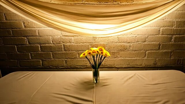 Elegant yellow flowers against brick wall with soft fabric drapery