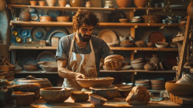 Potter crafting a clay vase in a rustic workshop