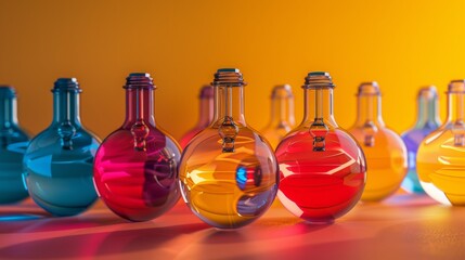 Colorful Laboratory Bottles on Yellow Background