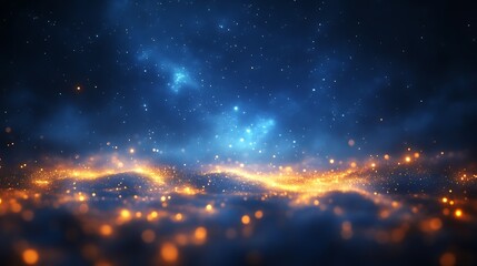 Fototapeta premium Golden sparkles illuminate a dark blue night sky