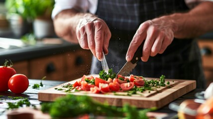 Chef Preparing Fresh Vegetables on Cutting Board