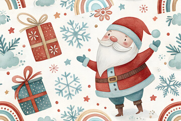 Seamless watercolor pattern with Santa Claus, gifts, snowflakes, and rainbows on light background