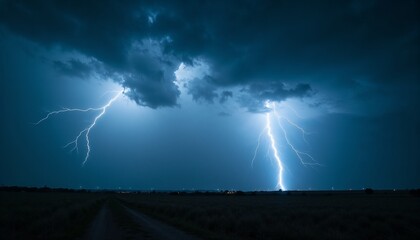 Dramatic night storm with two bright lightning bolts striking over an open field under dark clouds, perfect for weather and atmospheric themes