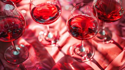Glasses of red wine on an elegant pink table