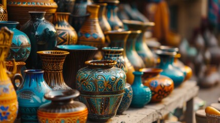 Colorful handmade pottery on a rustic table