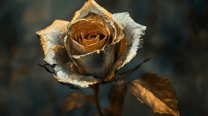 Close-up of a single golden rose with textured petals and leaves against a dark background.