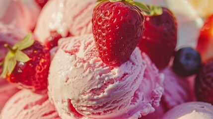 Strawberry ice cream with fresh fruit topping