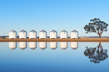 industrial storage facilities, evening light reflections, rural farming scene