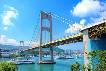Wide suspension bridge crossing a busy harbor, with ships and ferries below