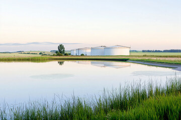 industrial storage facilities, evening light reflections, rural farming scene