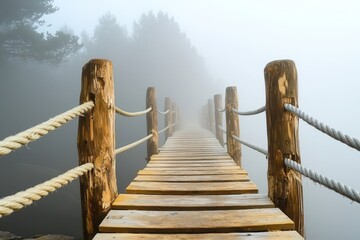 Fototapeta premium Wooden plank and rope bridge leading into a dense fog, with trees barely visible in the distance