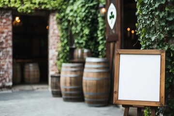 Wooden sign standing outside irish pub celebrating saint patrick's day with barrels and ivy