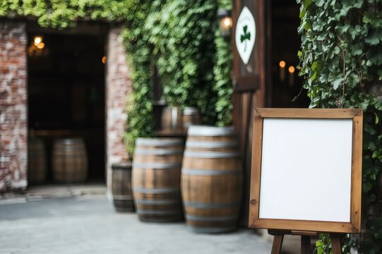 Wooden sign standing outside irish pub celebrating saint patrick's day with barrels and ivy