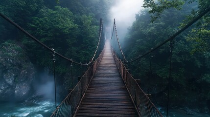 Obraz premium Wooden suspension bridge over a gorge, with mist rising from the river below