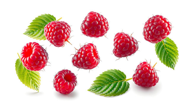 Raspberry isolated. Red raspberries with green leaf isolate on white background. Raspberry with leaves flying collection. Full depth of field.