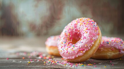 Colorful donuts with sprinkles on rustic background